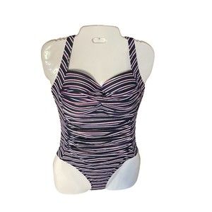 NipTuck Swim 1 PC Swimsuit 8 Navy Blue Red Striped Ruched Slimming Multi Fit Cup